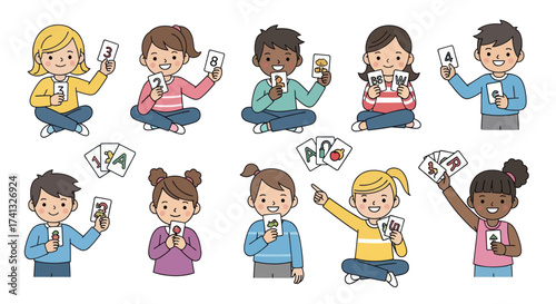 Diverse Children Playing Card Games with Happy Expressions.