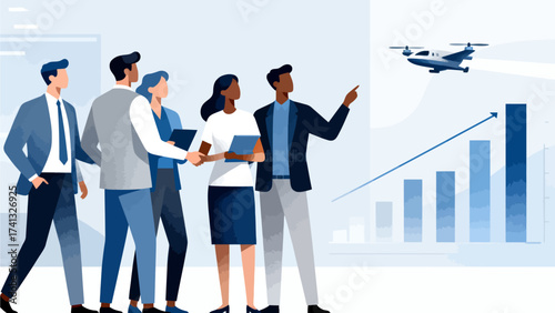 Business team discussing growth with drone and chart