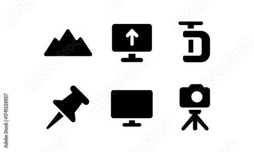 Black silhouette icons: camera, computer, mountain, pin, clamp