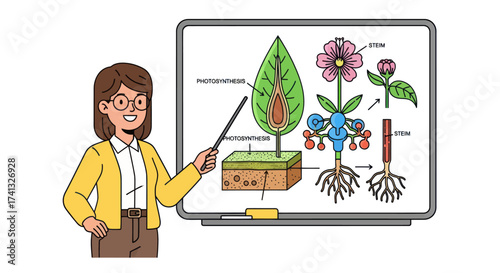 Smiling female teacher with glasses giving a botany lesson pointing to a plant diagram on a whiteboard.