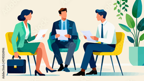 Three people in business attire reviewing documents