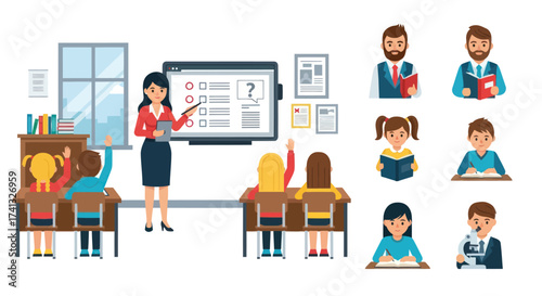 Diverse students and teacher in a modern classroom setting with interactive whiteboard.