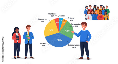 Educational Pie Chart Presentation with Students and Graduates Illustration.