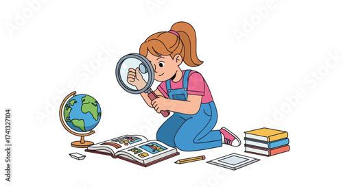 Girl with Magnifying Glass Examining Book and Globe.