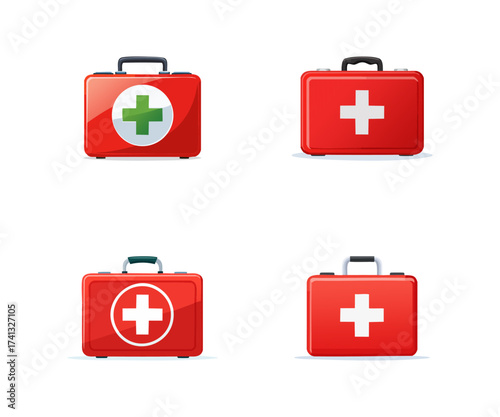 Four red first aid kits are displayed, each featuring a white cross, indicating medical assistance and emergency supplies.