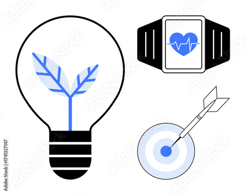 Lightbulb with leaf, smartwatch with heart monitor, and dart hitting target highlight sustainability, health, technology, and precision. Ideal for innovation, health, sustainability smart goals
