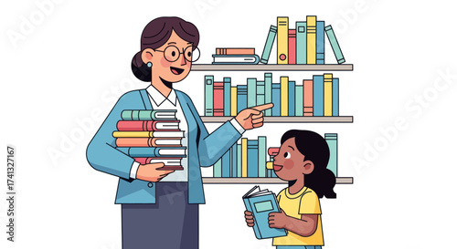 A friendly female teacher or librarian helps a young student choose a book in a school library illustration.