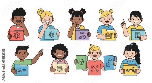 Diverse Group of Cartoon Children Holding Educational Folders.