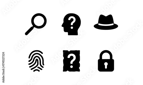 Mystery and security icons set in simple black silhouette design