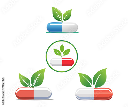 Several images of capsules with leaves growing from the center, representing natural medicine.