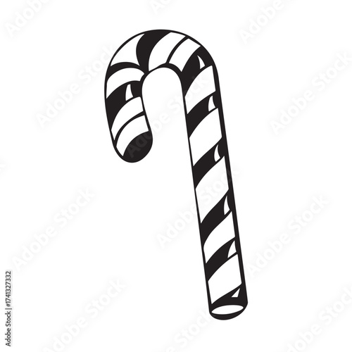 Candy cane silhouette, festive holiday vector, Christmas candy cane silhouette vector Illustration on white background, Black and white candy cane silhouette