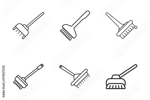 Set of Cleaning Brush Icons in Minimalist Outline Style Depicting Essential Household Tools for Cleanliness and Hygiene