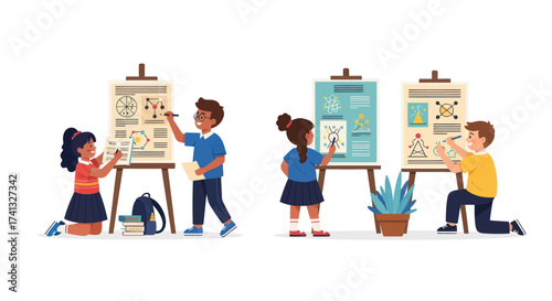 Diverse children collaborating on educational projects drawing diagrams and mind maps on easels.