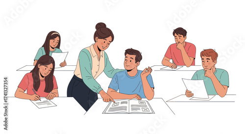 Teacher assisting student during classroom lesson with other students present.