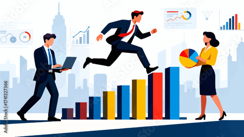 Business team with charts and cityscape