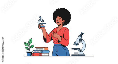 Woman with Afro Holding Microscope in Science Setting.