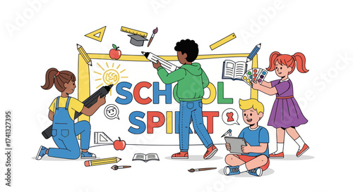 Children Decorating a School Spirit Banner with Art Supplies and Enthusiasm.