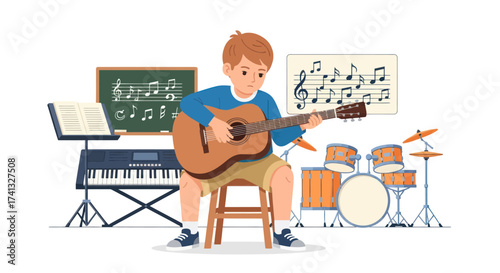 Young Boy Playing Acoustic Guitar in Music Class.