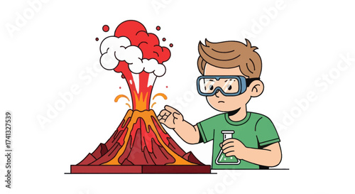 Young Boy Conducting a Volcano Science Experiment with Safety Goggles.