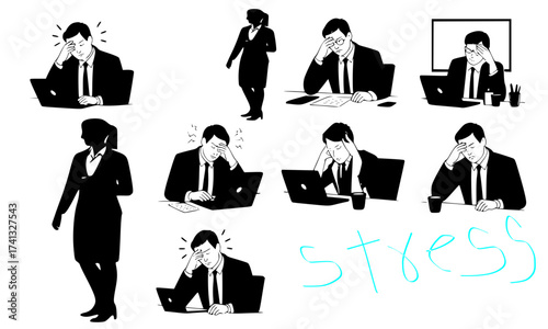 Stressed businessman rubbing eyes while working on laptop with female colleagues in background — black silhouette vector set