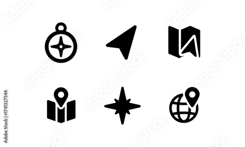 Minimalist navigation icons: compass, map, globe, arrow, pin, star