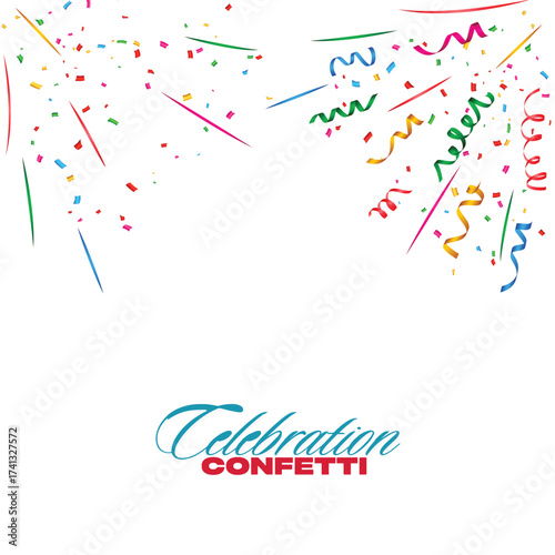 Colorful celebration confetti and streamers on white background.