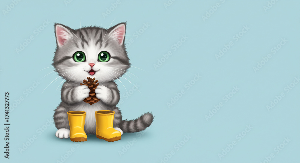 Obraz premium Cartoon Gray Tabby Kitten in Yellow Rain Boots Holding Pine Cone on Blue Background