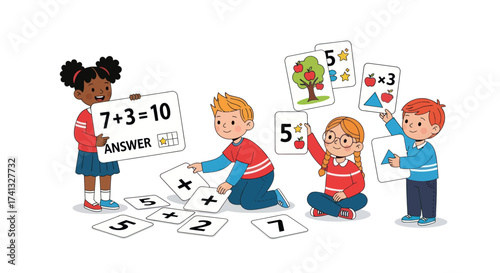 Diverse children learning math with flashcards and number tiles.