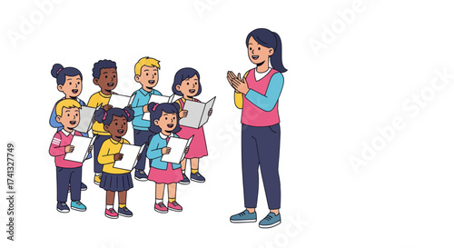 Diverse Childrens Choir Singing with Female Teacher Conducting a Music Lesson.