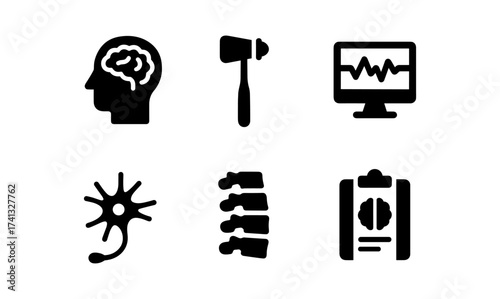 Medical icons: neurology tools and brain health in bold silhouette style
