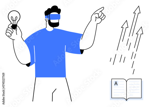 Man wearing VR visor holding lightbulb, pointing at upward arrows with an open book next to him. Ideal for innovation, education, growth, discovery, creativity, learning futuristic insights. Simple