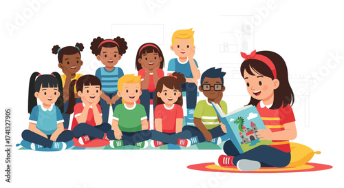 A diverse group of happy young children sitting together and listening to a girl read a storybook.