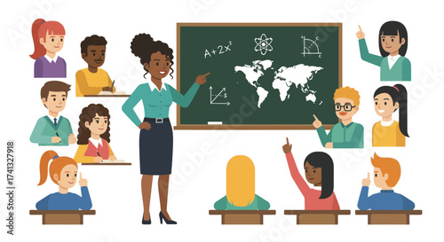 Teacher Explaining World Map on Blackboard with Students in Classroom.