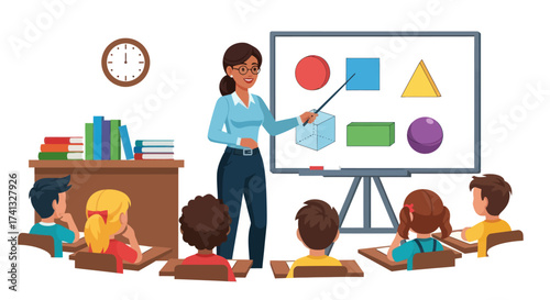 Teacher Explaining Shapes to Students in Classroom Setting.