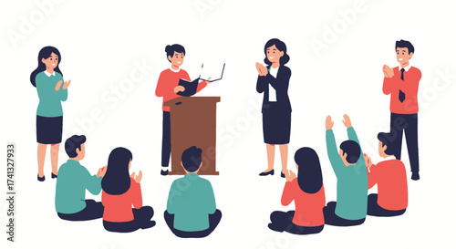 Business presentation with speaker and diverse audience clapping and raising hands.