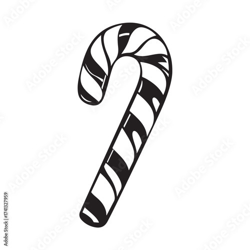Candy cane silhouette, festive holiday vector, Christmas candy cane silhouette vector Illustration on white background, Black and white candy cane silhouette
