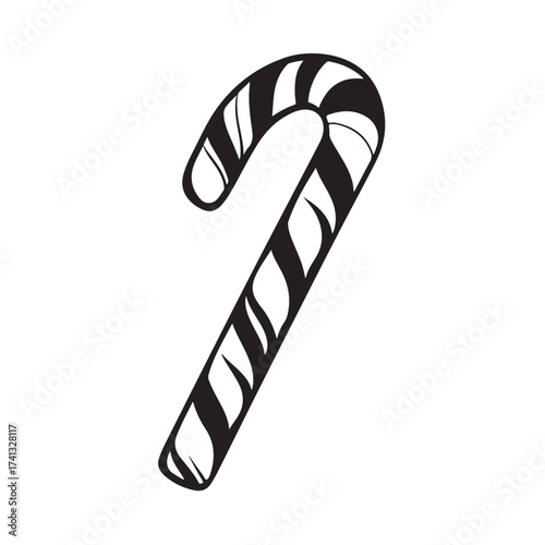 Candy cane silhouette, festive holiday vector, Christmas candy cane silhouette vector Illustration on white background, Black and white candy cane silhouette