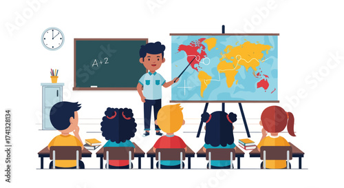 Teacher Explaining World Map to Students in Classroom Setting.