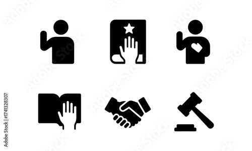 Legal and ethical icon set featuring pledge, handshake, and gavel symbols