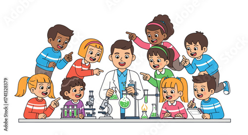 Diverse Children and Teacher Learning Science Experiments in Cartoon Lab.