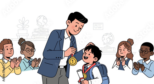 Teacher awards student with medal celebrating achievement with classmates.