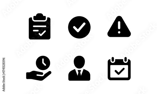Essential black icons: checklist, alert, clock, business, and calendar symbols