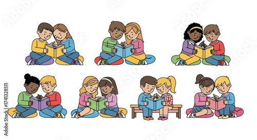 Diverse Children Sharing and Reading Books Together Joyful Moments.