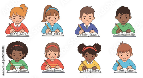 Diverse Group of Children Studying and Writing in Notebooks.