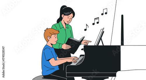 Illustrated female teacher guiding young boy playing piano during music lesson.