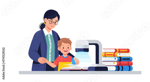 Teacher and Student Reading Together with a Desk Lamp and Stack of Books.
