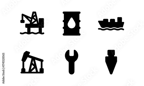 Silhouette icons of oil industry elements: rig, barrel, ship, pump, tools
