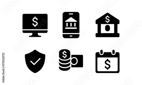 Financial icons set: banking, currency, and online payment symbols in black silhouette style