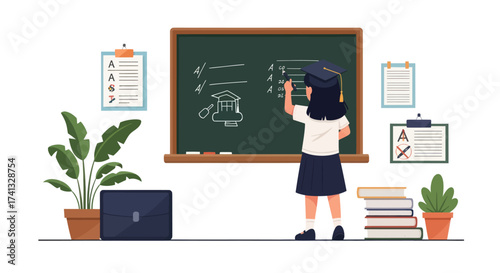 Young female student in a graduation cap writing on a classroom chalkboard illustration.