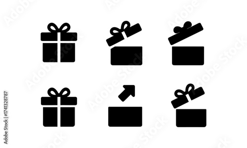 Minimalist black gift box icons: closed, open, ribbon variations
